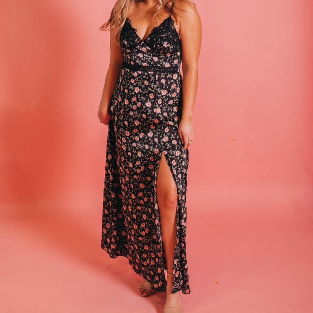 Boutique Silk Maxi Dress - black with floral print, medium